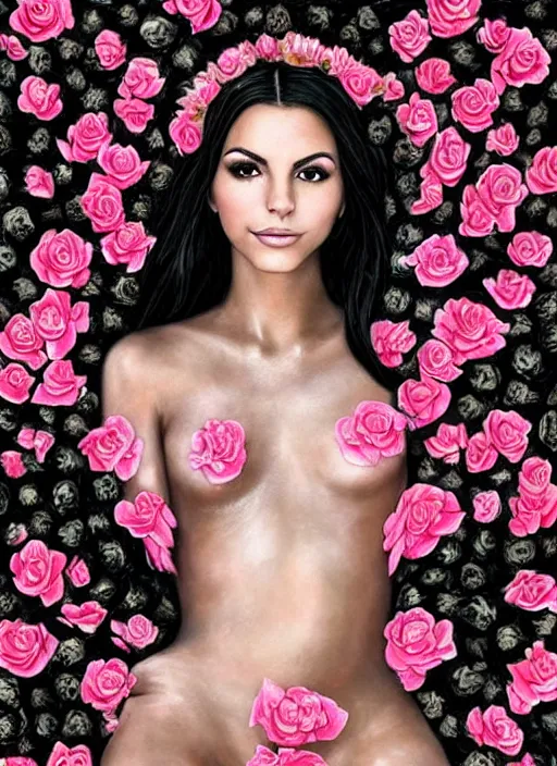 Image similar to amazingly complex portrait of Victoria Justice laying in a bed of black roses as a goddess staring curiously at you. soft detailed painting at 16K resolution and amazingly epic visuals. epically beautiful image. amazing effect, image looks gorgeously crisp as far as it's visual fidelity goes, absolutely outstanding. vivid clarity. ultra detail. iridescent. mind-breaking. mega-beautiful pencil shadowing. beautiful face. Ultra High Definition. soft shading. soft texture. intensely beautiful.