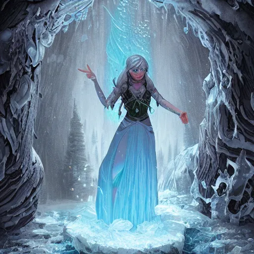 Image similar to dan mumford paint, a fantasy elf woman trapped and frozen trying to get out of a block of clear ice, with frozen flowers around her, treding artstation, greg rutkowski