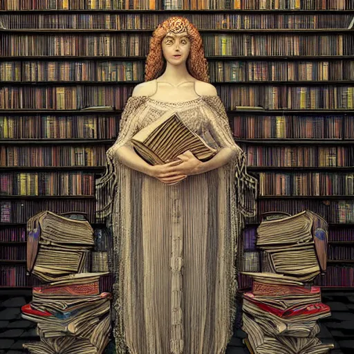 Prompt: 3 d goddess minerva, medium shot portrait. beautiful hyperrealistic intricate highly detailed and richly embroidered with esoteric symbols gown, surrounded by stacks of books bioluminescent, curious, plasma, 4 k surrealism