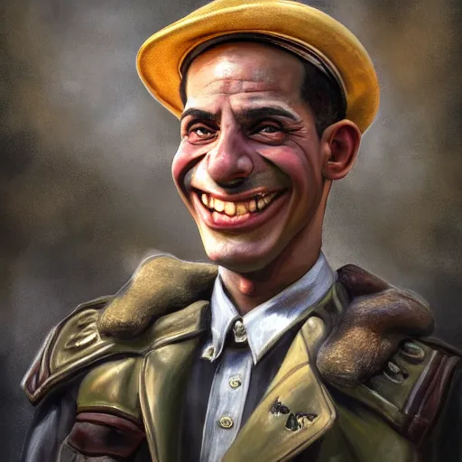 Image similar to A Hearts of Iron IV closeup portrait of a Remi Malek with bulging eyes and a huge smile, riding a tricycle. Dressed in 1980s style. Highly detailed, fine Art, high detail, great lighting, 8k resolution, masterpiece, concept art, illustration, clear eyes, painting oil on canvas, octane render, HDR, trending on artstation, 4k, 8k, HD