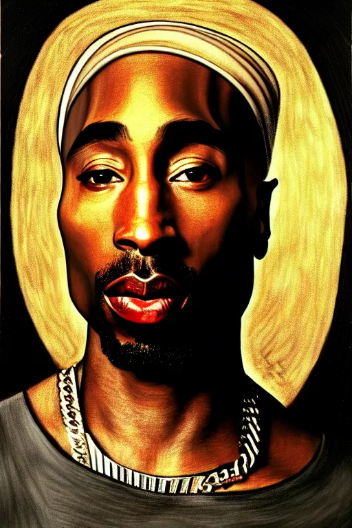 Prompt: high quality celebrity portrait of tupac in crown and sunglasses painted by the old dutch masters, rembrandt, hieronymous bosch, frans hals, symmetrical detail
