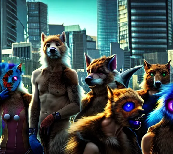 Image similar to high - resolution photograph from a biopunk era furry fandom convention ( midwest furfest 2 0 4 7 ), taking place after the genetic revolution and quantum singularity. photorealistic.