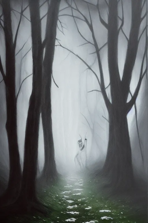 Image similar to dark and spooky woods featuring a menacing werewolf with glowing white eyes. atmospheric, foggy, oil painting on canvas. fairytale