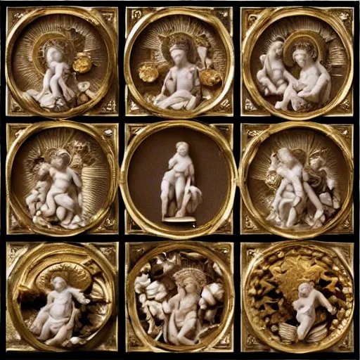 Image similar to Saint Woman, Putti, Venus, Athena, Sistina, baroque, marble and gold, stars, space, sun, pomegranade, pinecone, bronze