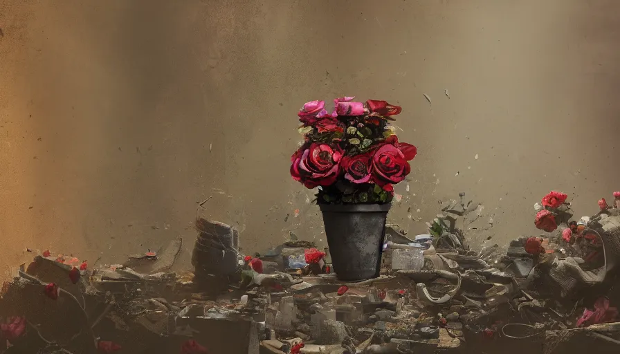 Image similar to flower pot with a rose in a middle of debris, hyperdetailed, artstation, cgsociety, 8 k