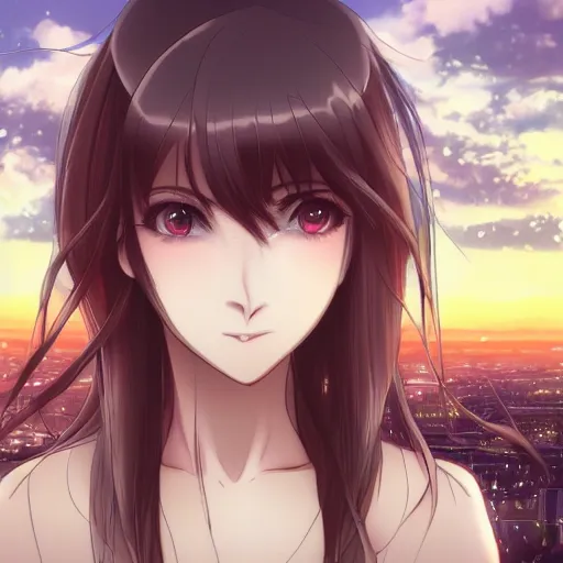 Prompt: Beautiful brunette anime girl with a gorgeous eyes is staring into the camera with a look of all as the city behind her collapses, award winning anime cartoon still, extremely detailed, extremely artistic, trending on art station