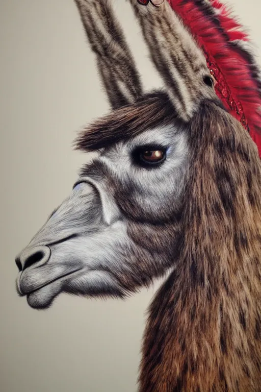 Image similar to hyperrealism close-up portrait llama in War bonnet in style of da Vinci