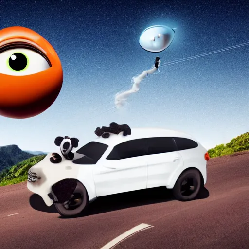 Prompt: car with large crazy human eyes floating above a a cow looking over a mountain cliff