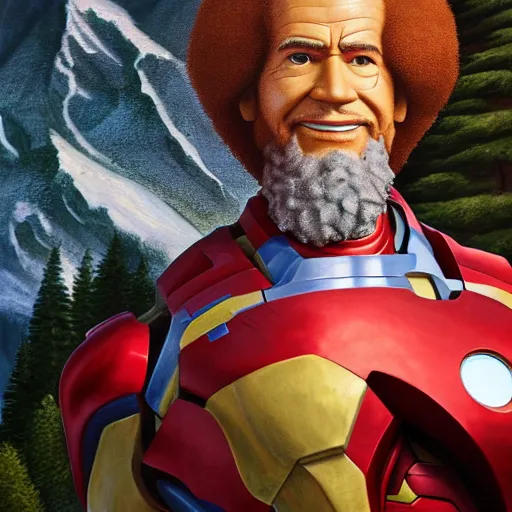 Image similar to a closeup photorealistic photograph of bob ross holding a paintbrush and diligently finishing a canvas painting of iron man. mountains and trees. film still. brightly lit scene. this 4 k hd image is trending on artstation, featured on behance, well - rendered, extra crisp, features intricate detail, epic composition and the style of unreal engine.