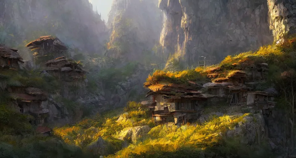 Image similar to natural beauty village on a mountain slope, realistic concept art, eytan zana, one pixel brush, by eugene von guerard, ivan shishkin, lavander and yellow color scheme, dramatic lighting, concept art, trending on artstation