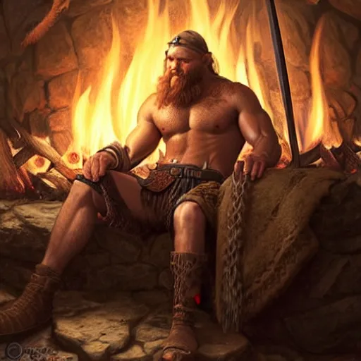 Image similar to Rugged male Viking warrior relaxing by the fire, relaxed, D&D, muscular, upper body, fantasy, intricate, elegant, highly detailed, digital painting, artstation, concept art, smooth, sharp focus, illustration, art by artgerm and greg rutkowski and alphonse mucha