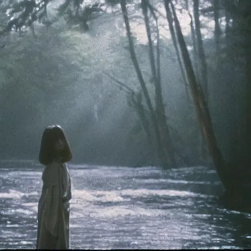 Image similar to a film still of an unsettling but beautiful female yokai haunting the depths of a Japanese forest, cinematography by sven nykvist