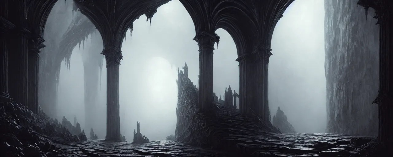 Image similar to a digital concept art by gustave dore and greg rutkowski, trending on artstation. dante's divine comedy, dark fantasy cave palace of bad omens, a iron throne, white stone steps seeping magma. fier in fog. light effect. 3 d, octane render, unreal engine. mist.