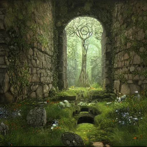 Image similar to ancient overgrown ruins, medieval gates, runestones, mysetrious etherial mesmerizing runic cat eyes, magical elven geometry, concept art by gustav klimt, deviantart contest winner, environmental art, high detail