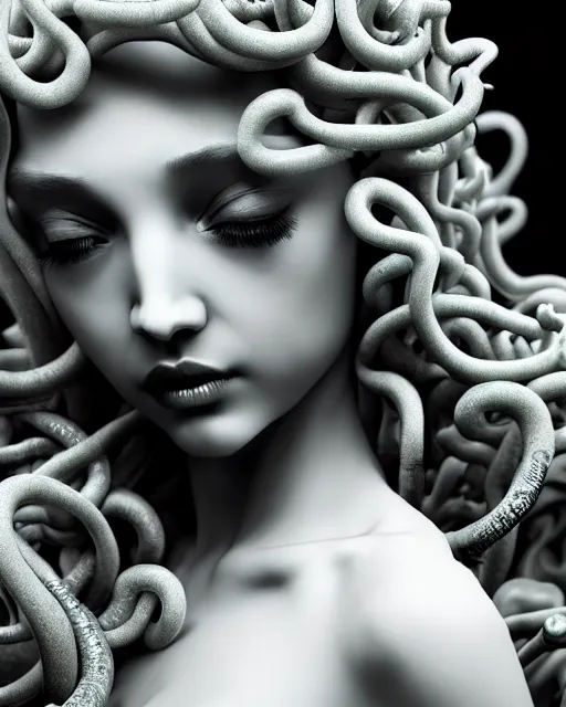 Prompt: mythical dreamy underwater black and white photo of a translucent beautiful young female angelic - medusa - vegetal - doll, highly detailed, intricate crystal ivy jelly ornate, poetic, translucent algae ornate, digital art, octane render, 8 k artistic photography, photo - realistic, hg giger