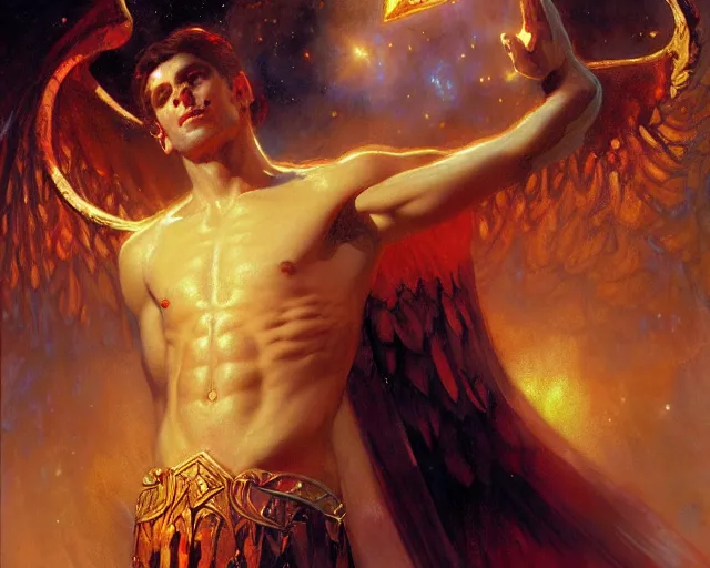 Image similar to attractive male deity, casting demonic magic, summoning handsome lucifer morning star. highly detailed painting by gaston bussiere, craig mullins, j. c. leyendecker 8 k