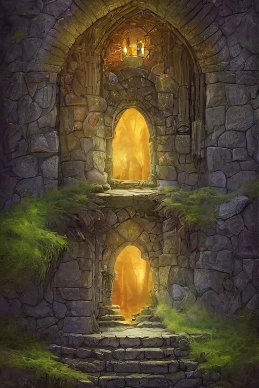 Image similar to matte glossy painting of stone steps fantasy leading do a gothic witches doorway portal, artstation by emilia dziubak, will terry, greg olsen, chris mars, ann long, and mark brooks, gret ritkowski dramatic, architecture, colorful warcraft architecture