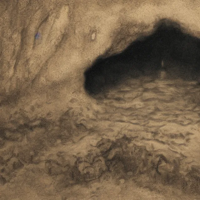 Prompt: photorealistic sepia painting of the mouth of a sea cave on the jamaican shoreline, dark, brooding, atmospheric, lovecraft