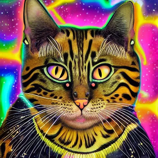 Prompt: Highly detailed portrait of a bengal cat wearing iridescent shimmering cosmic gothic ninja armor made of circuitry, epic scene