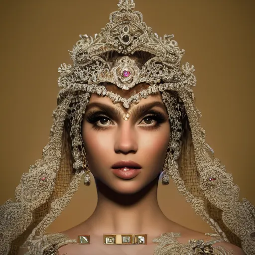 Image similar to portrait of pretty princess with perfect skin, glowing, ornate and intricate diamond jewelry, jaw dropping beauty, ornate and intricate backdrop, white accent lighting, hyper detailed, 4 k octane render