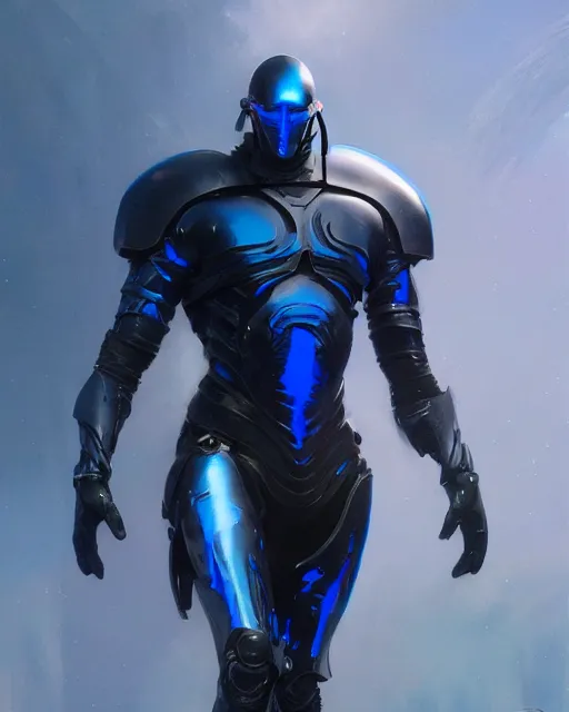 Image similar to character art of iridescent sinewy smooth muscular male sleek glossy bluish black pearlescent scifi armor with smooth black featureless helmet, by greg rutkowski, mark brookes, jim burns, tom bagshaw, magali villeneuve, trending on artstation