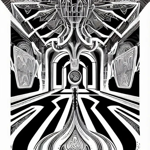 Prompt: black and white art deco style ink drawing of detailed of hyper portal, highly detailed, Nigredo, dark enlightenment, alchemy, Art deco, Vibrant volumetric natural light In style of Josan Gonzalez and Mike Winkelmann and andgreg rutkowski and alphonse muchaand and Caspar David Friedrich and Stephen Hickman and James Gurney and Hiromasa Ogura.