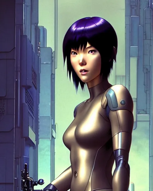 Image similar to weta disney pixar movie still portrait photo of motoko kusanagi ghost in the shell : : as cyborg woman by pixar : : by weta, greg rutkowski, wlop, ilya kuvshinov, rossdraws, artgerm, marvel, maxim cover, latex, octane render, sweaty, iridescent, bright morning, anime, liosh, mucha : :