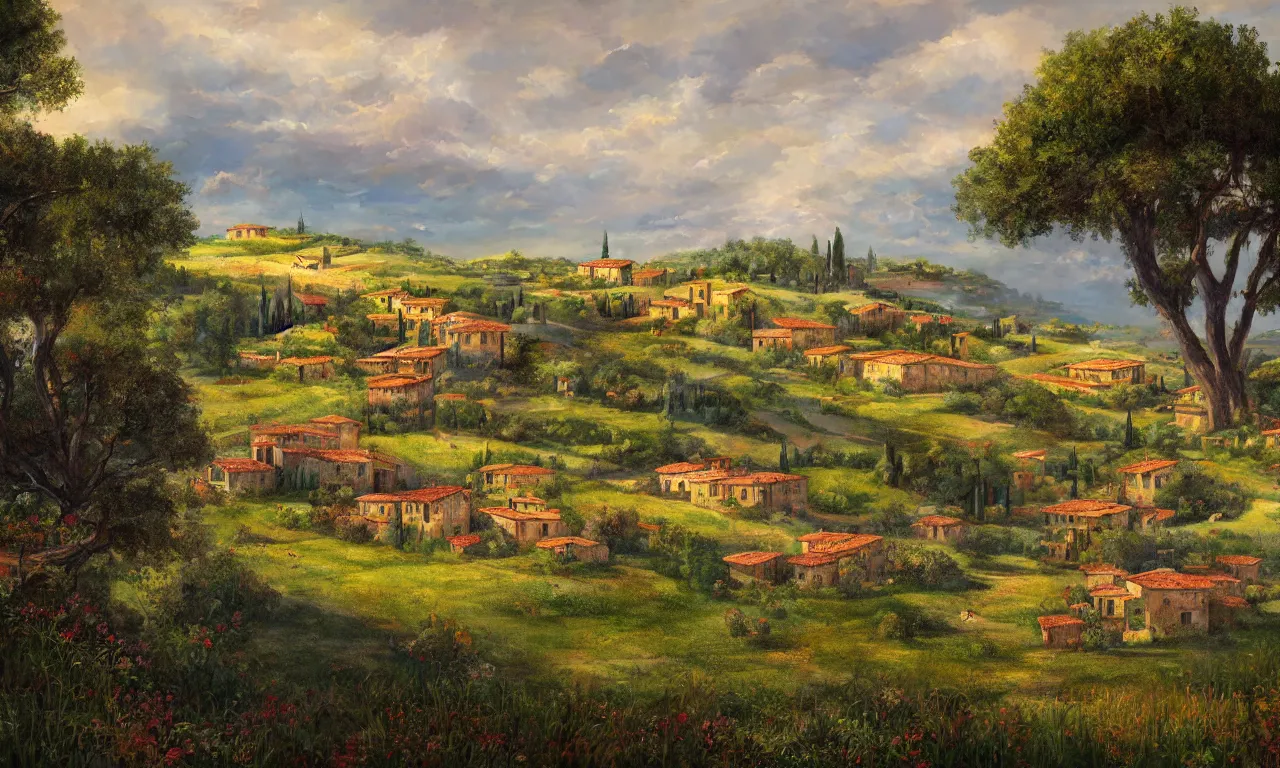 Image similar to Tuscan Countryside painted by Paolo Anesi, vivid colors, high details, cinematic, 8k resolution, beautiful detailed, photorealistic, digital painting, dark atmosphere, artstation, concept art, smooth, sharp focus, illustration, fantasy background, artstation trending, octane render, unreal engine