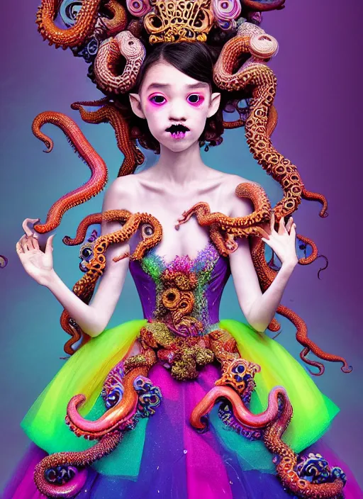 Image similar to A full body shot of a cute and mischievous young monster princess wearing an ornate gown. Covered in barnacles and tentacles. Dynamic Pose. Quinceanera dress. Rainbow palette. rainbowcore. Eldritch Beauty. defined facial features, symmetrical facial features. Opalescent surface. beautiful lighting. By Ruan Jia and Artgerm and Range Murata and WLOP and Ross Tran and William-Adolphe Bouguereau. Key Art. realistic, Hyperdetailed. Fantasy Illustration. Masterpiece. artstation, award winning, sharp, details, HD, HDR, 4K, 8K.