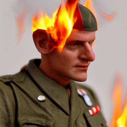 Prompt: 1/35 scale figurine of german ww2 soldier set on fire, burning plastic, scale model photography, 8k, hyper realistic