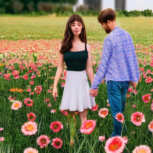 Image similar to a couple holding hands in a field of flowers, symmetrical face, beautiful, vfx, photo realistic, 8 k, aesthetic