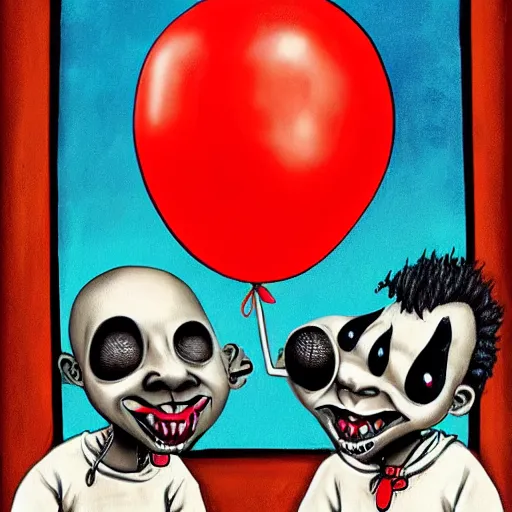 Prompt: grunge cartoon painting of kanye with a wide smile and a red balloon by chris leib, loony toons style, pennywise style, corpse bride style, horror theme, detailed, elegant, intricate