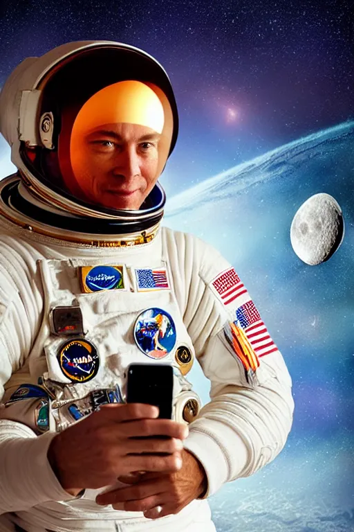 Image similar to extremely detailed studio portrait of space astronaut, holds a smart phone in one hand, phone!! held up to visor, reflection of phone in visor, moon, extreme close shot, soft light, golden glow, award winning photo by david lachapelle