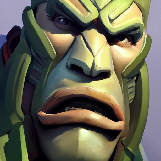 Image similar to greg manchess close - up portrait painting of a handsome older male dieselpunk orc with olive green skin as an overwatch character, medium shot, asymmetrical, profile picture, organic painting, sunny day, matte painting, bold shapes, hard edges, street art, trending on artstation, by huang guangjian and gil elvgren and sachin teng