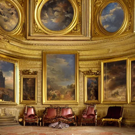 Image similar to 8k highly detailed oil matte painting by Charles Landelle of an art gallery wall with many oil paintings, decadent throne room, ornate furniture, ornate French architecture