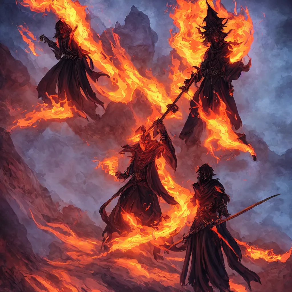 Prompt: dungeons and dragons official art of a lone male fire genasi wizard with pitch black skin, flaming hair, glowing orange eyes, wearing black wizard robes, smug smile, holding a wooden staff, standing proudly in front of barren plains in background, official print, book cover art