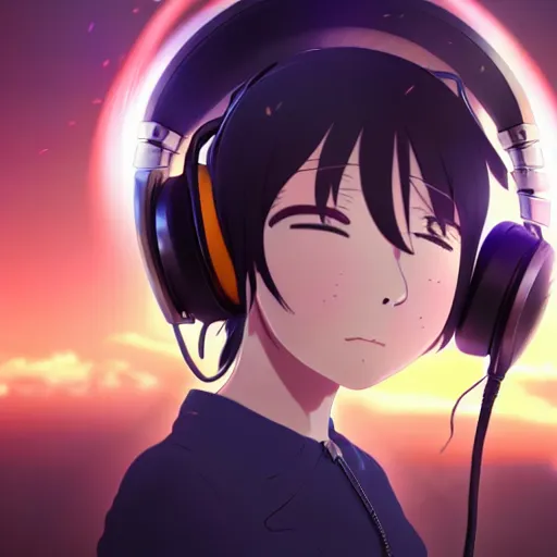 KREA - an anime music producer with headphones on, official art, key  visual, studio lightning, very detailed bd cover, Kimi no Na Wa,  hyperrealistic, artstation, caustics, trending on Artstation, 8K, octane  renderer