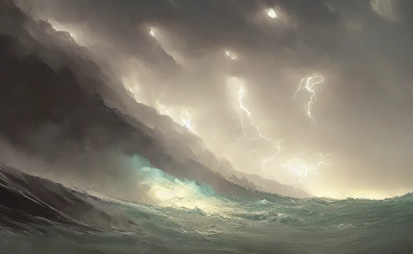 Image similar to a painting of ⛈⛈⚡⚡🌊🌊🌊 trending on artstation in the style of greg rutkowski