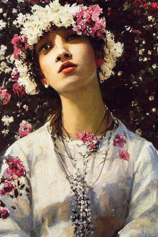 Image similar to close - up fashion black woman portrait airy flowers cloudy sky art by vasnetsov