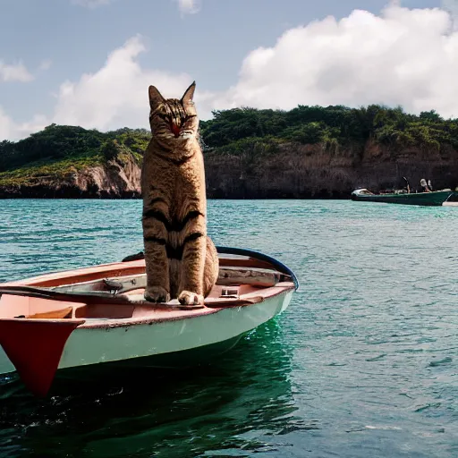 Image similar to A large cat on a small boat, funny, large island in the background, high quality,