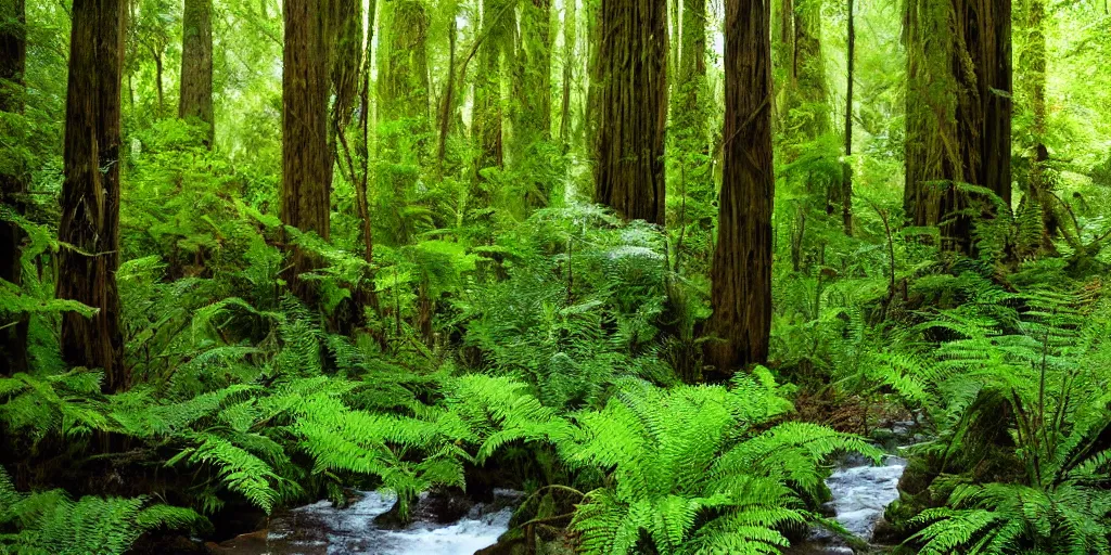 Prompt: a beautiful fern forest with a creek and redwoods and dappled light