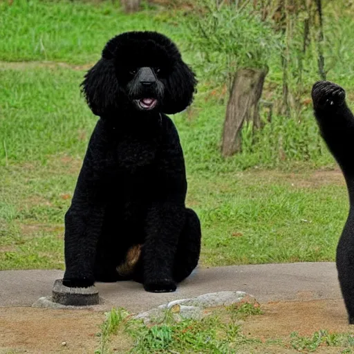 Prompt: a photo of a black poodle dog and a panda together,