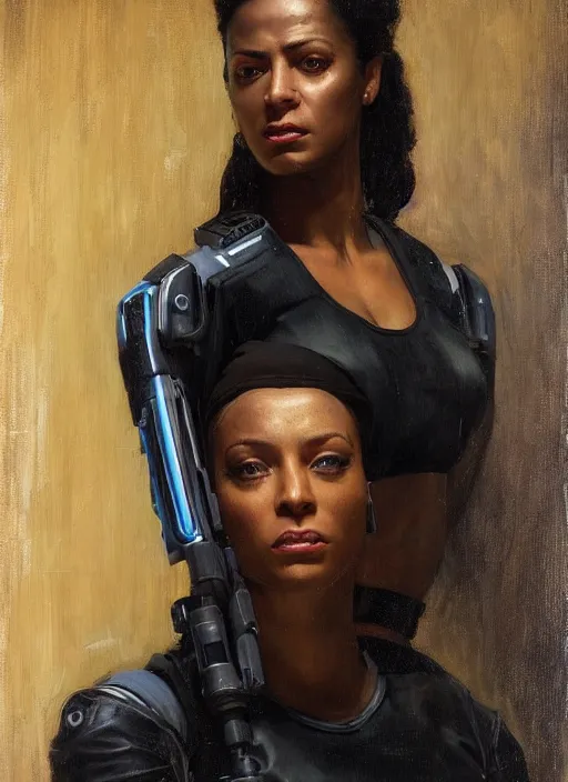 Image similar to Maria Igwe. Buff Cyberpunk policewoman with robotic legs. (Cyberpunk 2077, bladerunner 2049). beautiful face. Iranian orientalist portrait by john william waterhouse and Edwin Longsden Long and Theodore Ralli and Nasreddine Dinet, oil on canvas. Cinematic, vivid colors, hyper realism, realistic proportions, dramatic lighting, high detail 4k