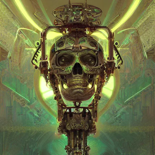 Image similar to hyperdetailed robotic skeleton, green neon heart, symetry, golden ratio, intricate, detailed, volumetric lighting, scenery, digital painting, highly detailed, artstation, sharp focus, illustration, artstation, art by artgerm and greg rutkowski and alphonse mucha