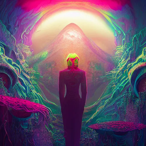 Prompt: Beautiful hyperdetailed psychedelic horror fantasy art of a vampire by Beeple, album cover, other dimensions, dmt, acid trip