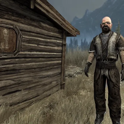 Image similar to walter white visits whiterun skyrim, dark brotherhood, highly detailed, realistic, business suit, nord, elder scrolls, adventuring gear