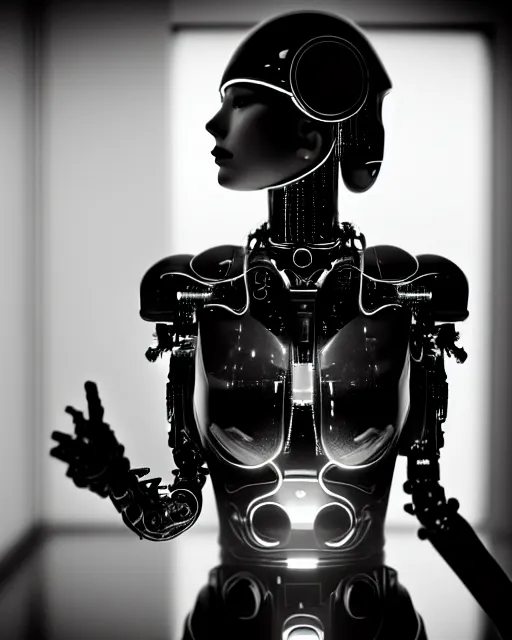 Image similar to black and white high quality photo of a beautiful female AI vegetal-cyborg looking into a sci-fi mirror, volumetric lighting, liminal space, brutalism, foggy, dreamy, hyperdetailed, bokeh, photorealistic, cinematic, masterpiece, Metropolis, elegant, dark, by Fritz Lang in the style of Horst P. Horst, octane render, 8K,