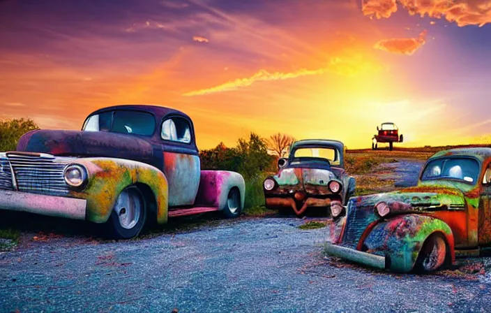 Image similar to A beautiful colorful evening scene of route66, old road with abandoned gas station and rusty old pickup truck, hyper realistic, blinding backlight evening sun, sparkling sun rays, epic scene, intense setting, evening vibe