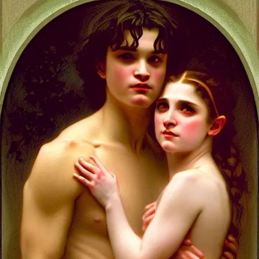 Image similar to twilight version of stranger things, portrait of edward and bella by william - adolphe bouguereau in the style of gaston bussiere, art nouveau