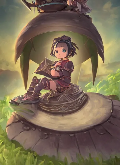 Image similar to portrait of a little warrior girl character sitting on top of a giant armored turtle in the desert, studio ghibli epic character with dark skin and beautiful green eyes, very beautiful detailed symmetrical face, long black hair, bright colors, diffuse light, dramatic landscape, fantasy illustration